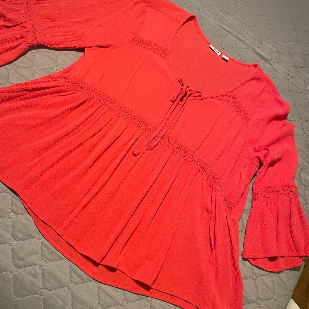 Cato Red Pleated Tie Front Peplum Blouse